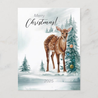 Carte Postale Noël Doe dans la forêt en aquarelle