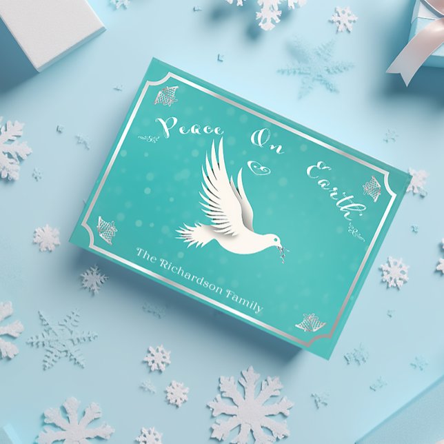 Carte Postale Noël élégant "Paix sur Terre" Bleu et Argent (Créateur téléchargé)