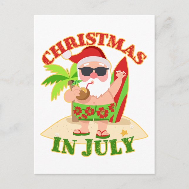 Carte Postale Noël en juillet Père Noël avec Surfboard (Devant)