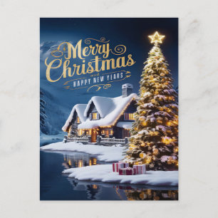 Carte Postale Noël enchanté : Maison et arbre