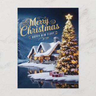 Carte Postale Noël enchanté : Maison et arbre