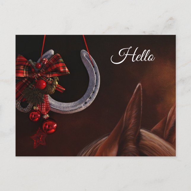 Carte Postale Noël équestre pendre en fer à cheval Photo Bonjour (Devant)