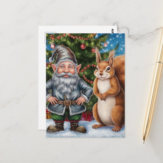 Carte Postale Noël Festif Gnome et Écureuil (Devant/Arrière en situation)