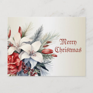 Carte Postale Noël Fleurs Blanches Rouges Fêtes Élégant