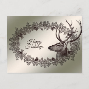 Carte Postale Noël Fleurs Renne Doré Hiver