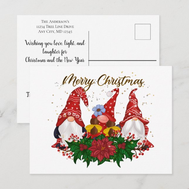 Carte Postale Noël Gnomes Poinsettia Noël tendance (Devant / Derrière)
