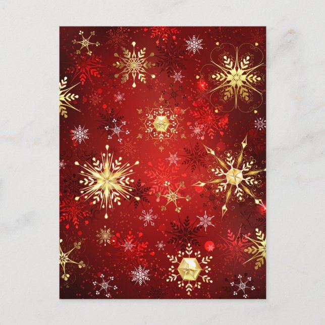 Carte Postale Noël Golden Snowflakes sur Arrière - plan rouge (Devant)