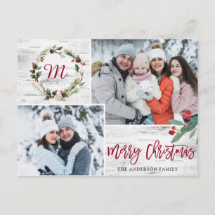 Carte Postale Noël Holly PHOTO Birch Bark voeux de Noël