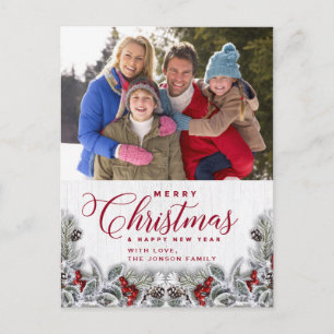 Carte Postale Noël Holly Pine Rustic Photo de vacances Salutatio