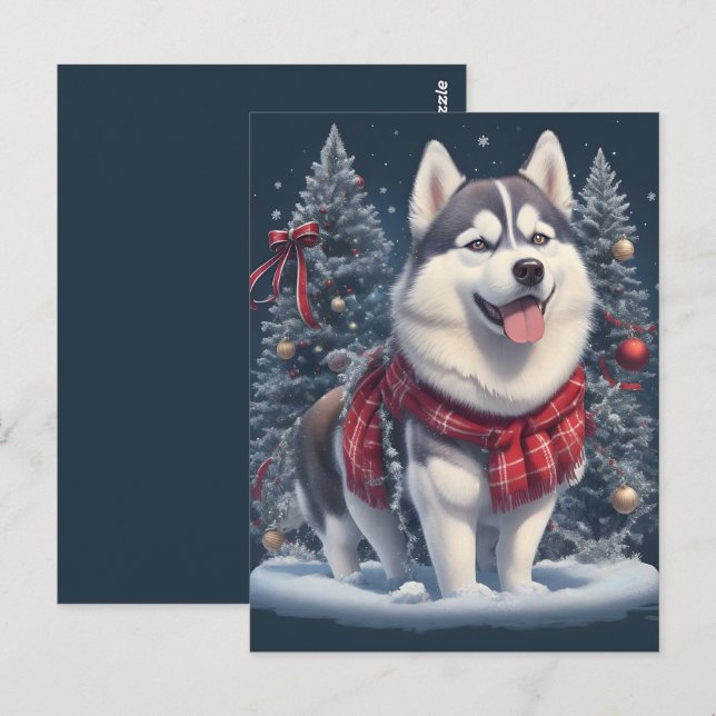 Carte Postale Noël Husky Chien magique Noël Noël Esprit de Noël (Devant / Derrière)