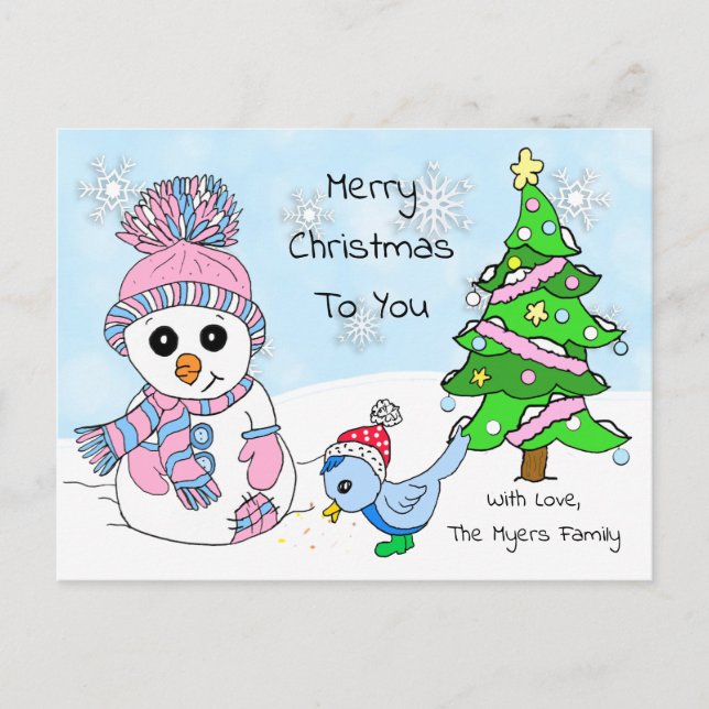 Carte Postale Noël mignon et blanc Snowman et Bird (Devant)