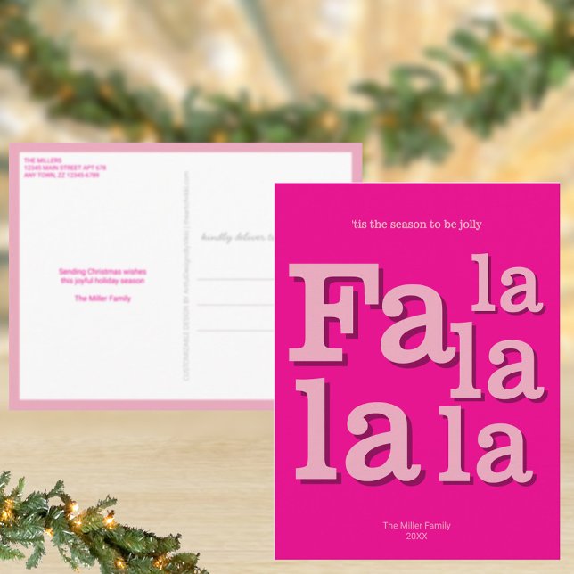 Carte Postale Noël Moderne Simple Minimal Rose Chaud Fa La (Christmas postcards with your custom text and optional return address)