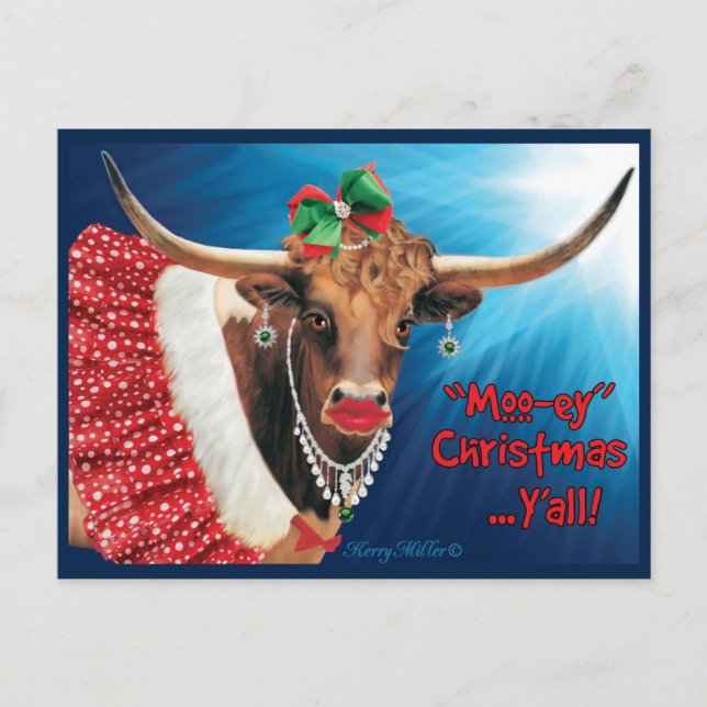 Carte Postale Noël "MOO-ey", vache longhorne (Devant)