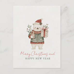 Carte Postale Noël Ours Polaire Mignon Minimaliste
