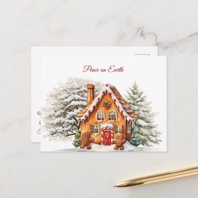 Carte Postale Noël Paix sur Terre Maison en pain d'épices (Devant/Arrière en situation)