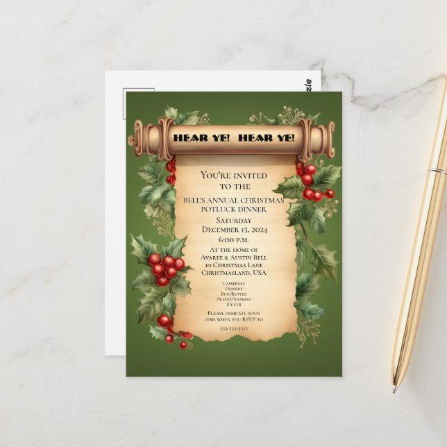 Carte Postale Noël Potluck Dîner Old World Scroll Invitat (Devant/Arrière en situation)