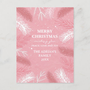 Carte Postale Noël rose avec feuilles de pins