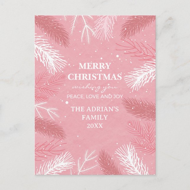Carte Postale Noël rose avec feuilles de pins (Devant)