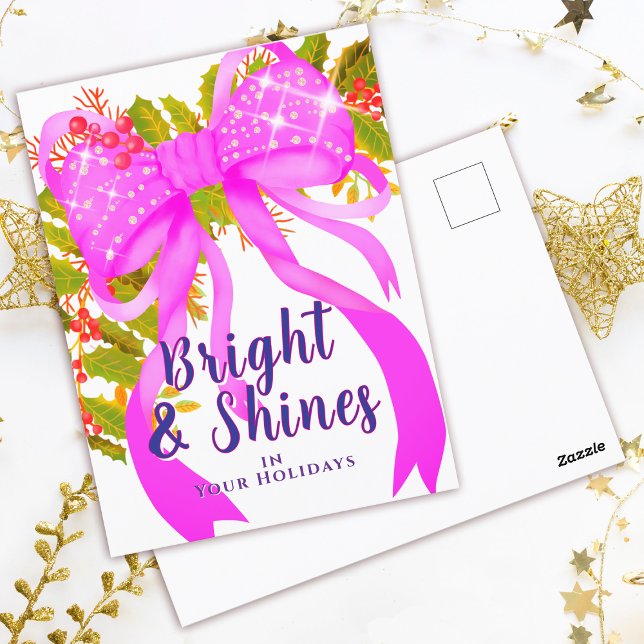 Carte Postale Noël rose rayonnant (Glittering Pink Ribbon Christmas Design.)