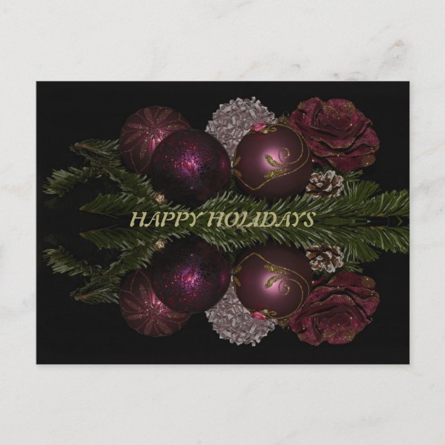 Carte Postale Noël rose rouge ornements vert Feuille noir (Devant)