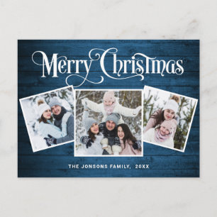 Carte Postale Noël Rustic Wood 3 PHOTO Salutation Holiday