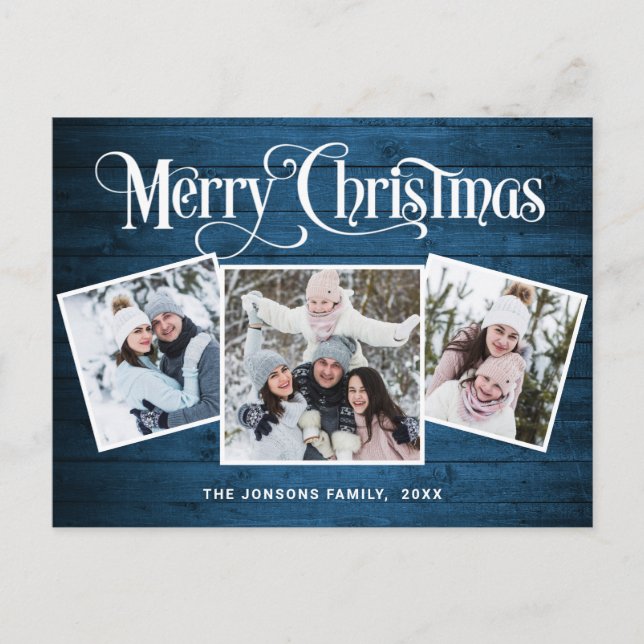 Carte Postale Noël Rustic Wood 3 PHOTO Salutation Holiday (Devant)