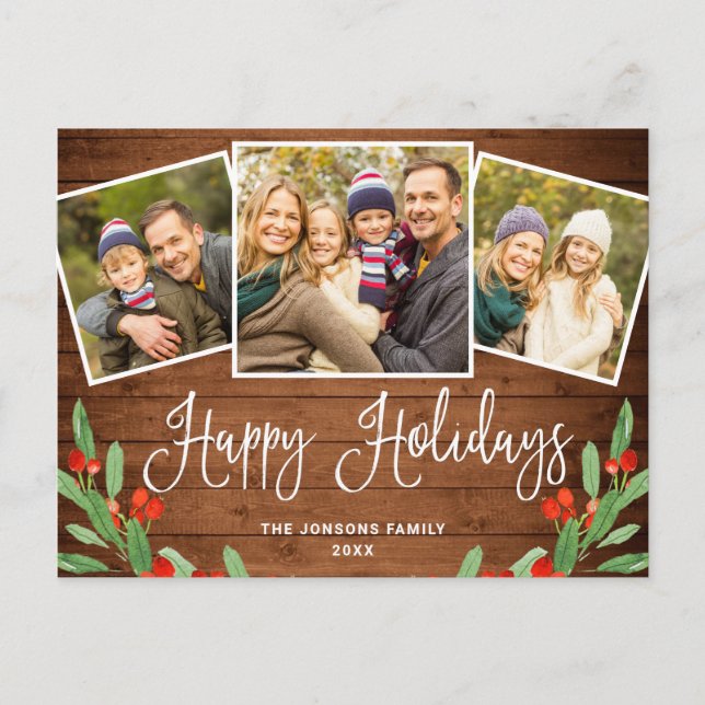 Carte Postale Noël Rustic Wood 3 PHOTO Salutation Holiday (Devant)