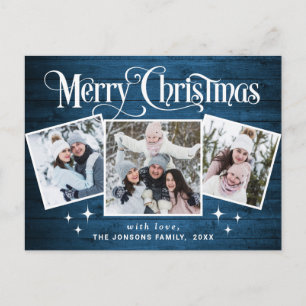 Carte Postale Noël Rustic Wood 3 PHOTO Salutation Holiday