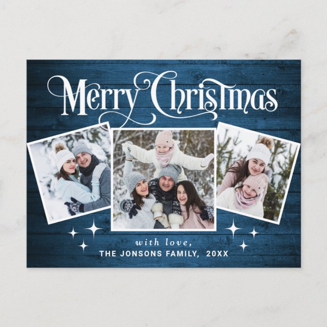 Carte Postale Noël Rustic Wood 3 PHOTO Salutation Holiday (Devant)
