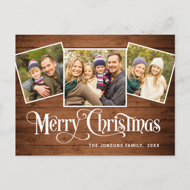 Carte Postale Noël Rustic Wood 3 PHOTO Salutation Holiday (Devant)