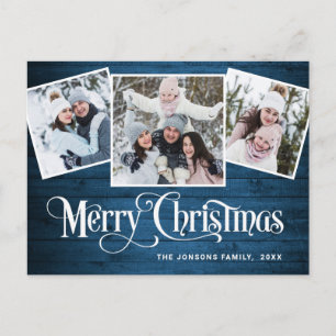 Carte Postale Noël Rustic Wood 3 PHOTO Salutation Holiday