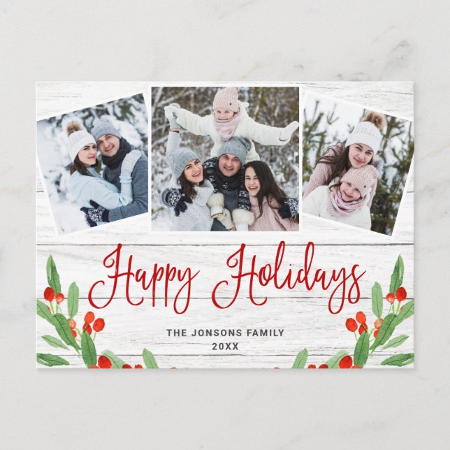 Carte Postale Noël Rustic Wood 3 PHOTO Salutation Holiday (Devant)