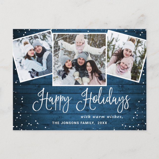 Carte Postale Noël Rustic Wood 3 PHOTO Salutation Holiday (Devant)
