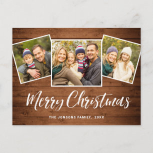 Carte Postale Noël Rustic Wood 3 PHOTO Salutation Holiday