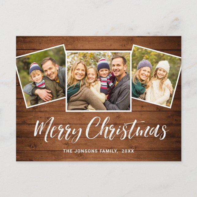 Carte Postale Noël Rustic Wood 3 PHOTO Salutation Holiday (Devant)