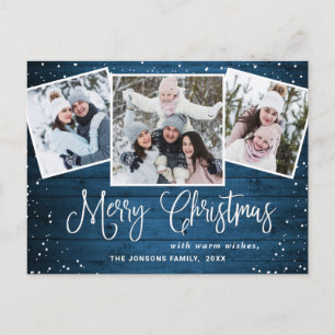 Carte Postale Noël Rustic Wood 3 PHOTO Salutation Pos de vacance