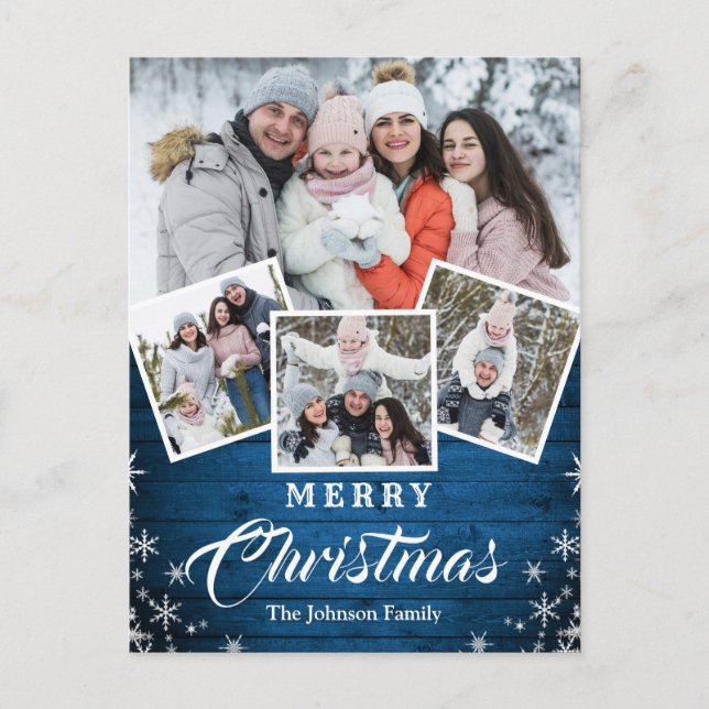 Carte Postale Noël Rustic Wood 4 PHOTO Salutation Holiday (Devant)