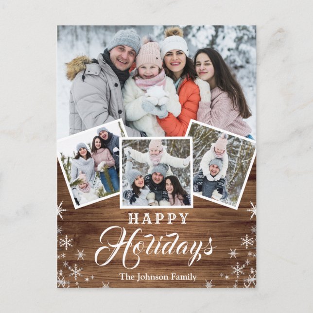 Carte Postale Noël Rustic Wood 4 PHOTO Salutation Holiday (Devant)