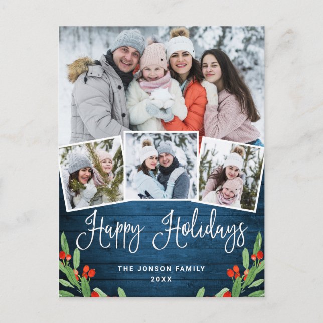 Carte Postale Noël Rustic Wood 4 PHOTO Salutation Holiday (Devant)