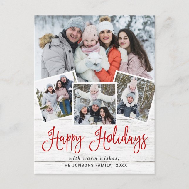 Carte Postale Noël Rustic Wood 4 PHOTO Salutation Holiday (Devant)