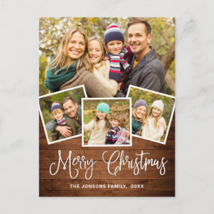 Carte Postale Noël Rustic Wood 4 PHOTO Salutation Holiday