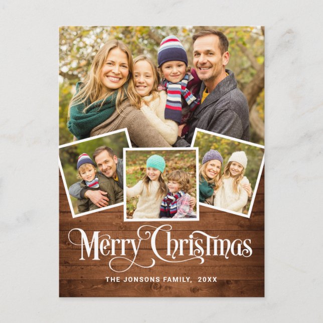 Carte Postale Noël Rustic Wood 4 PHOTO Salutation Holiday (Devant)