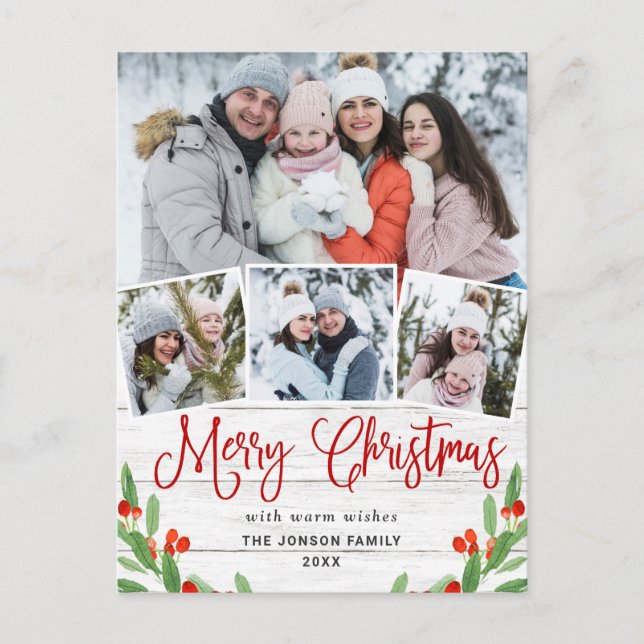 Carte Postale Noël Rustic Wood 4 PHOTO Salutation Holiday (Devant)