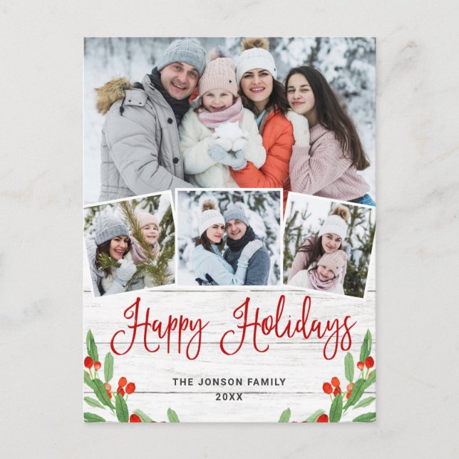 Carte Postale Noël Rustic Wood 4 PHOTO Salutation Holiday (Devant)