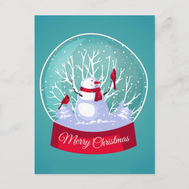 Carte Postale Noël Snowglobe Snowman Cardinal Oiseaux rouges (Devant)