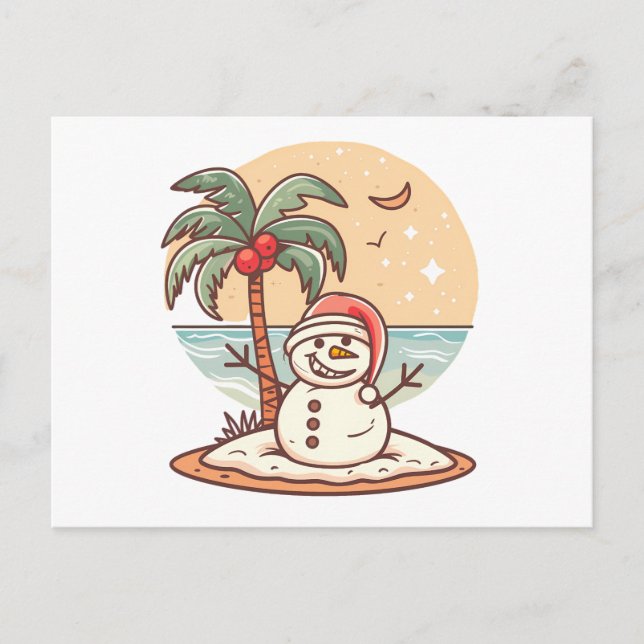 Carte Postale Noël - Tropical Beach Snowman avec Palm Tree (Devant)