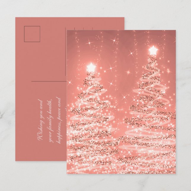 Carte Postale Noël Vacances Souhaits Étincelants Arbres Roses Or (Devant / Derrière)