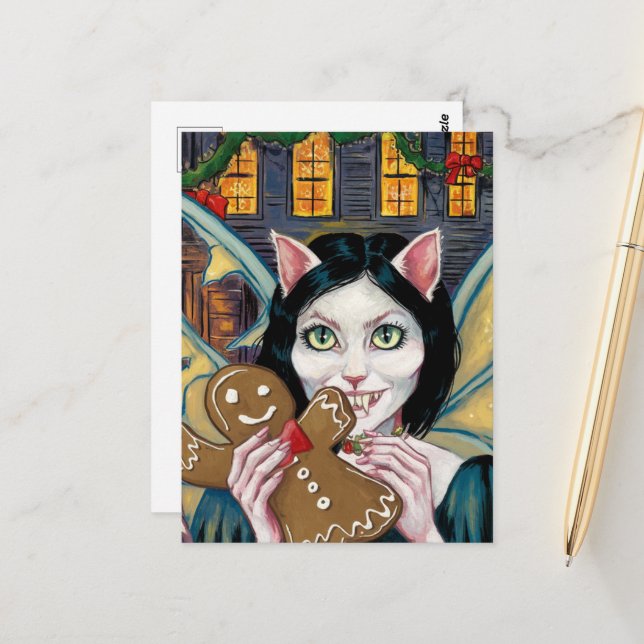 Carte Postale Noël Vampire Kitty avec pain d'épices Cookie (Devant/Arrière en situation)