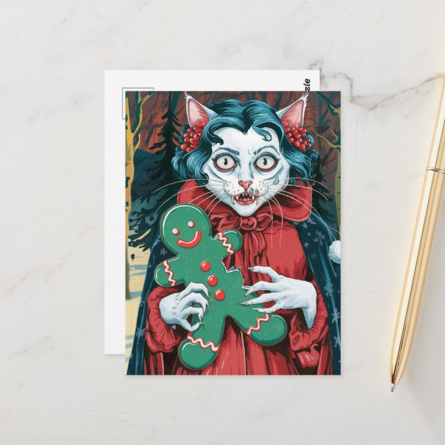 Carte Postale Noël Vampire Kitty avec pain d'épices vert (Devant/Arrière en situation)