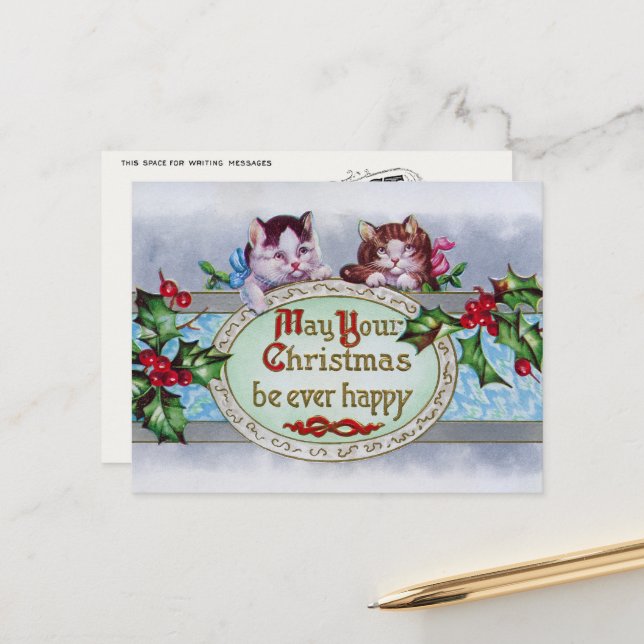 Carte postale Noël vintage Cats (Devant/Arrière en situation)